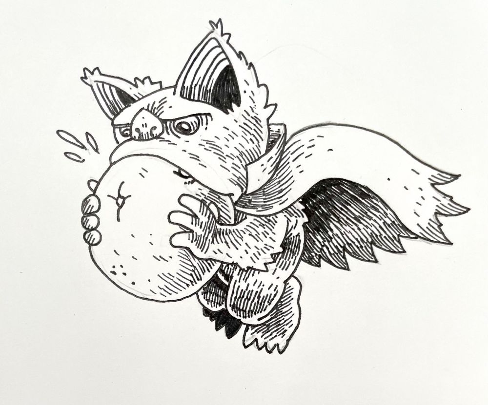 A lil’ fruit bat in a Dracula cape sucking the precious juice out of an orange 