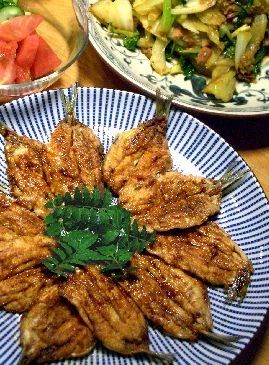 青い線の入った平皿に小ぶりのマイワシの開きを蒲焼きにしたものが10尾分ほど尾を外側にして放射状に並んでいる。表面には粉山椒がかかっている。真ん中には木の芽が山盛りに飾られている。その奥には、肉野菜炒めが盛られた平皿と、乱切りのトマトときゅうりが入ったガラスの小鉢が見える。
