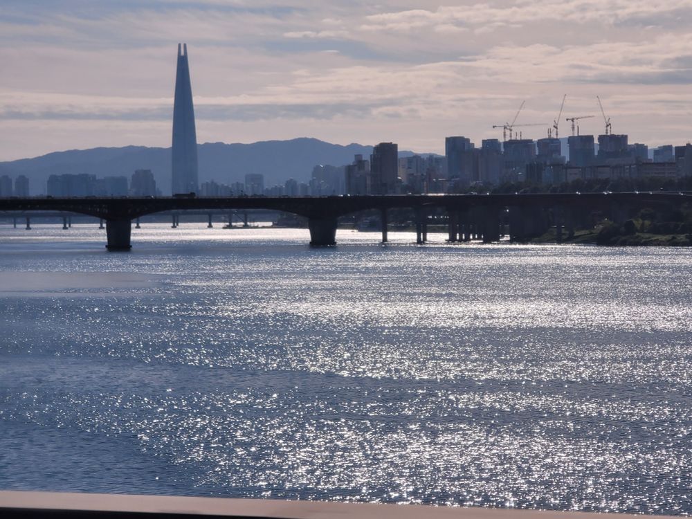 한강에 윤슬이 비치고 멀리 롯데월드타워가 보입니다