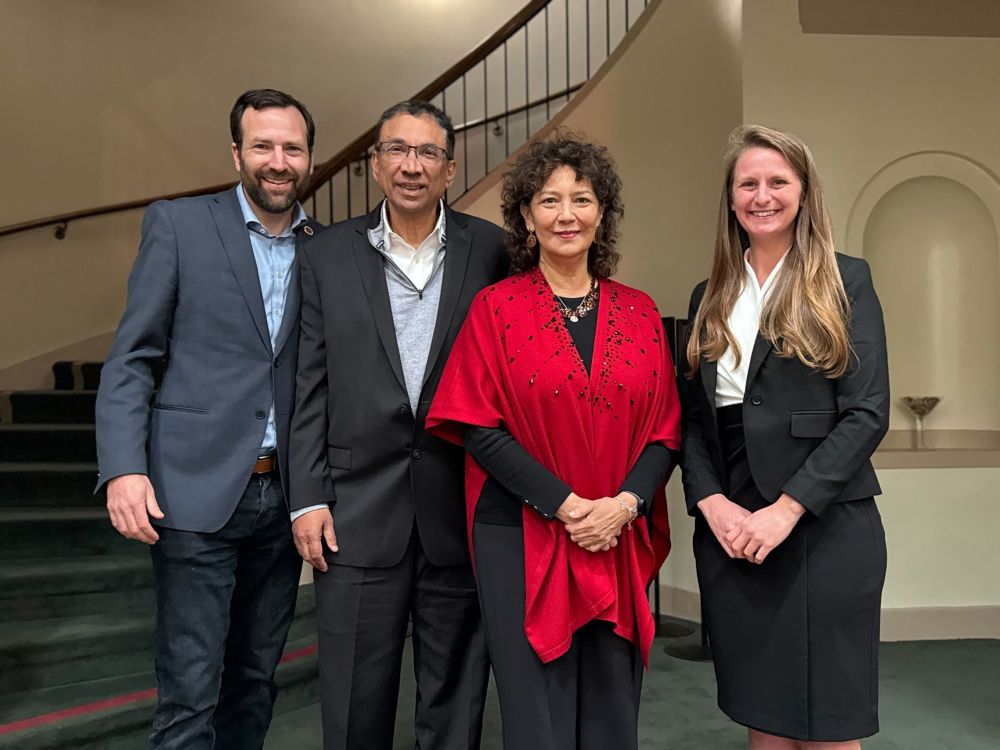 Following the closing panel of the University of California Climate Action Initiative Agency Briefing and Grantee Convening on February 4, 2025, program leaders pause for a photo: UC Vice President of Research and Innovation Dr. Theresa Maldonado, California State University Vice Chancellor Dr. Ganesh Raman, California Senator Ben Allen, and CEO of the California Council on Science & Technology Dr. Julianne McCall.
