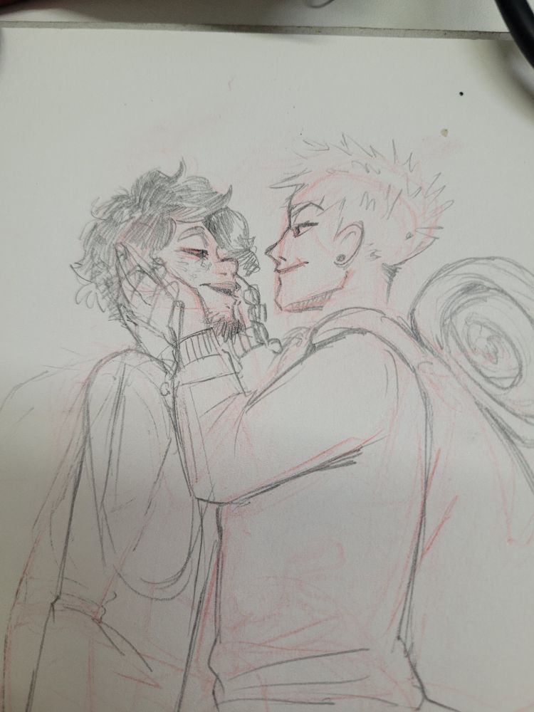 Traditional sketch of katsuki bakugou and izuku midoriya looking at each other with a loving expression. Bakugou is holding izuku's face. Izuku is holding the other's hands on his face.