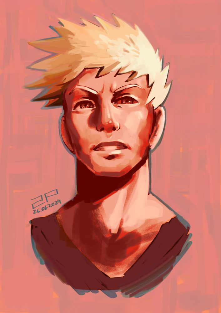 a sort of realistic portrait of Katsuki Bakugou, from My Hero Academia. He looks older in this painting.