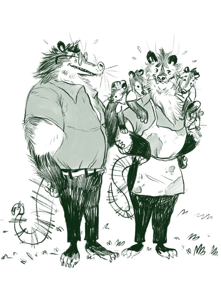 A drawing of two possum dads, one is wearing a dirty apron and has kids crawling all over him, he looks exhausted.