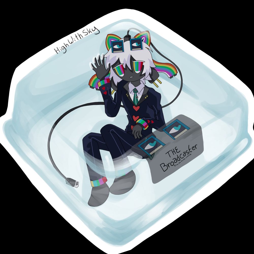 The OC the Broadcaster is in a clamshell like container with the label the broadcaster * we are always watching written on it, with the broadcaster inside with their hand pressed against the container