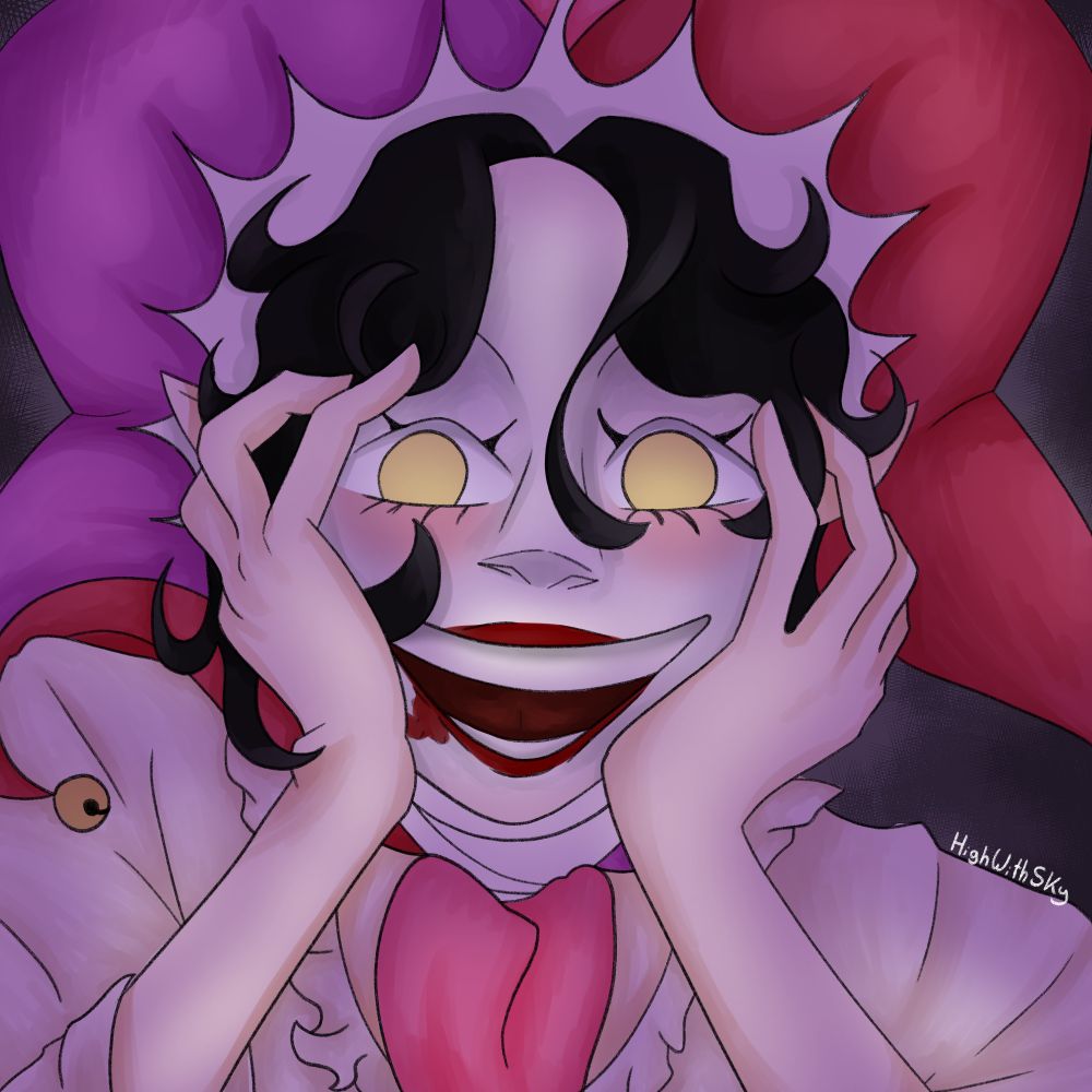 A jester in dark lighting with a very wide grin on their face, they are in a red and purple jester hat with a tan ruffled shirt on. You can see the signature Highwithsky written on top of the left shoulder. 