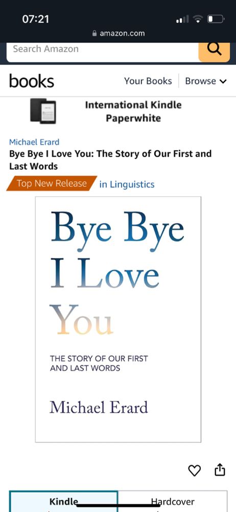 An Amazon kindle page for Bye Bye I Love You that lists it as a “top new release in linguistics.” 