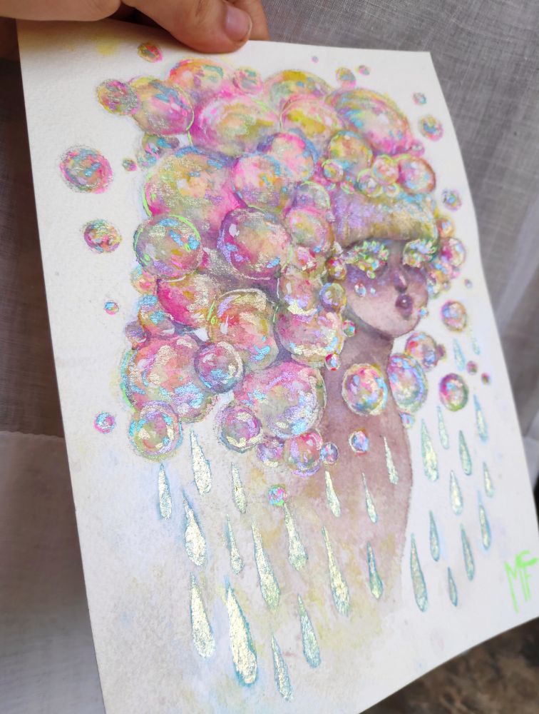 Photo of the traditional original art illustration "Rain & Bubbles" showcasing all the shiny and colorful metallic watercolor details in the whole piece 
