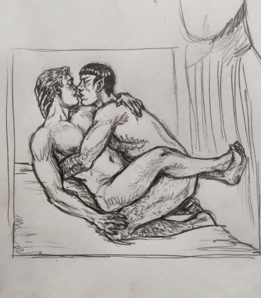 Pencil sketch depicting Kirk and Spock from The Original Series having sex. They're on top of a bed with Spock on his knees as he holds Kirk on his arms and moves to thrust into him, their faces almost touching about to kiss. Jim is smiling, opening his mouth with his tongue out, ready for the kiss.
