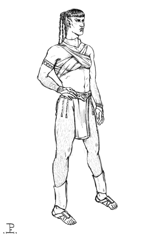 Digital sketch of a warrior Vulcan woman from Star Trek in typical pre-Reform warrior attire. She wears her hair in a bun from which three thin braids emerge, her sides are shaven. As a Vulcan she has extensive body hair especially in arms, legs and her chest, that is bound for better movement for certain tasks or activities.