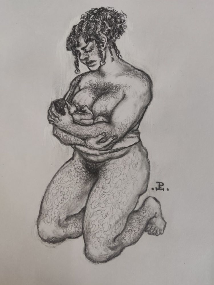 A pencil sketch of a Vulcan warrior woman breastfeeding her baby that she keeps in a sling below her chest. She's naked, body hair visible all over her body and showing the natural signs of her recent pregnancy, like stretch marks, her belly irregular in shape, recuperating after birth. She's holding her newborn baby, who has extensive lanugo all over their tiny body, as it's natural for Vulcans. Mothers carry their babies on slings below their chests so their children can hear the soothing beating of their mother's heart.