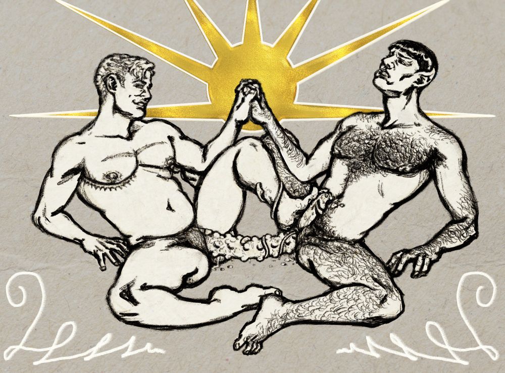 "Sharing is Caring"
Explicit digital illustration of Kirk and Spock from Star Trek The Original Series having sex by sharing a big and ridged double ended dildo while they're holding hands. Over the texture of recycled paper their two are somewhat mirroring each other, making a triangle with their legs intertwined that points to their hands held together, a gold shining halo like a sun framing them from behind, giving the finishing touch to the composition to resemble the IDIC symbol. Jim is smiling while looking at Spock, taking his end of the dildo on his pussy, his tdick bumping on the ridges. He has his free hand on the floor to support his body better and be able to move it in a rocking motion, one of his feet unapologetically going to stimulate Spock's lok. Spock is caught in all the feelings and the pleasure of the union of both their bodies and minds, his mouth agape in a soft gasp and his eyes almost closed. His fra'als are out and one curls around Jim's ankle of his raised leg, and the other is curled around the dildo, also helping it move deeply for both of them, together with his free hand on the floor too. They're both dripping wet.