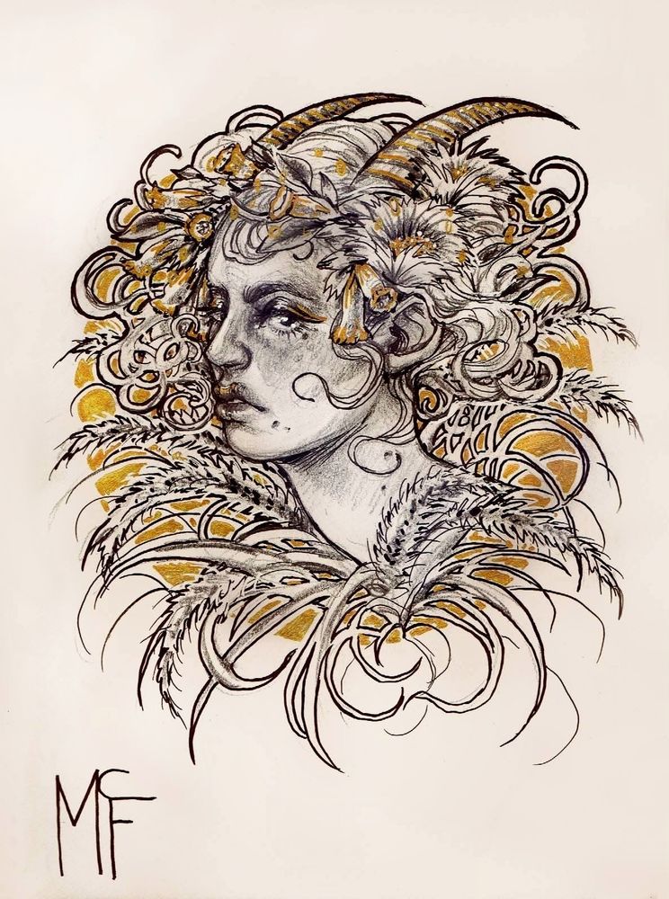 "Flora Invasora"
Traditional original art illustration made in graphite, black and gold ink. It depicts a bust illustration of a woman with goat horns and wavy hair from where Carpobrotus and Nicotiana Glauca flowers sprout and bloom, her collar is made of Pennisetum setaceum and she'slooking at the viewer, her face and neck covered in moles and her make up gold. She's framed from behind by a gold halo and gold ink is also used to highlight the flowers and the horns.