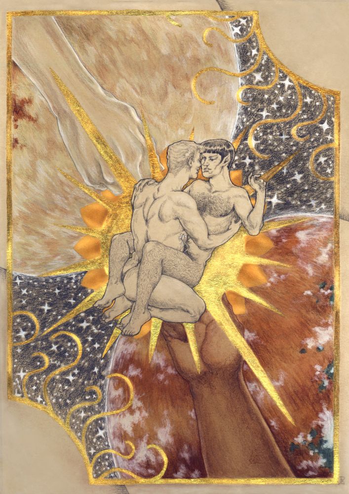 "Cosmic Love"
Traditional illustration on cream colored paper of Kirk and Spock naked, floating weightless in their cosmic embrace. They're drawn in soft graphite in the main focus point of the composition. Kirk is holding Spock in his arm, who's on top of him with his legs around Kirk's body. One of Spock's fra'als, a couple of small tentacles Vulcans have in their genitalia, is clinging softly to Kirk's side, covering it with its slick. The Captain looks at the Vulcan with a loving smile and desire, the Vulcan returns an expression in kind, one of his eyes tinted white like T'Khut's moon. In the background the whole universe seems to unfold, with the planets T'Khut and T'Khasi coming together behind them. The planets are painted in watercolors; the pale planet T'Khut, with a soft stroke of reddish sands in its inhabitable surface. And the red planet T'Khasi, a warm palette of colors dominating its surface, splattered with small bodies of turquoise water. The clouds adorning it talking about its breathable atmosphere. From inside both planets come the hands of the goddesses with the same name, joining in a Vulcan kiss or "ozh'esta" right where Kirk and Spock are. The composition is adorned by a frame painted with gold ink with two suns each in an opposing corner, aligned with the main one in the center representing the three suns of the Vulcan system. It all joins together to illuminate and highlight the embracing couple making love.