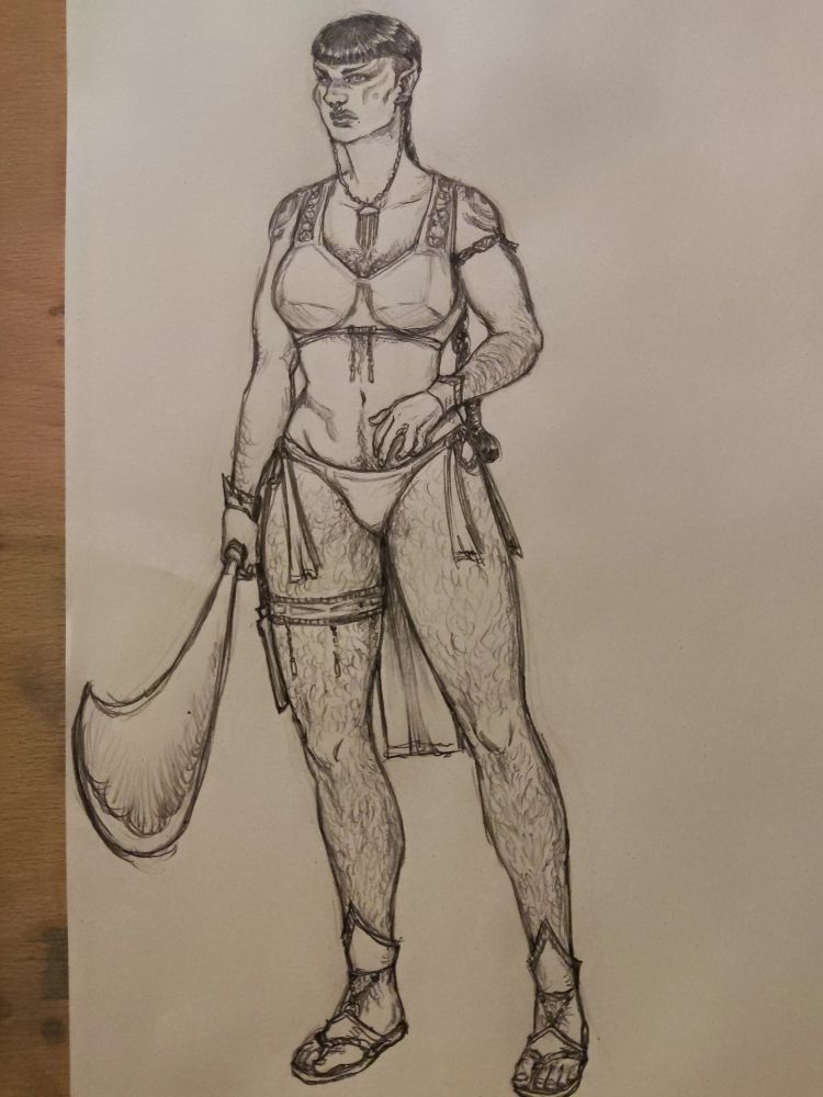 Pencil sketch of a curvy Pre-Surak Vulcan warrior woman with ritualistic piercings and markings, as a Vulcan she has extensive body hair especially in the chest, legs and arms. She's holding a sable type kind of blade with a wide edge, her hair in a very long black braid, with her sides shaven.