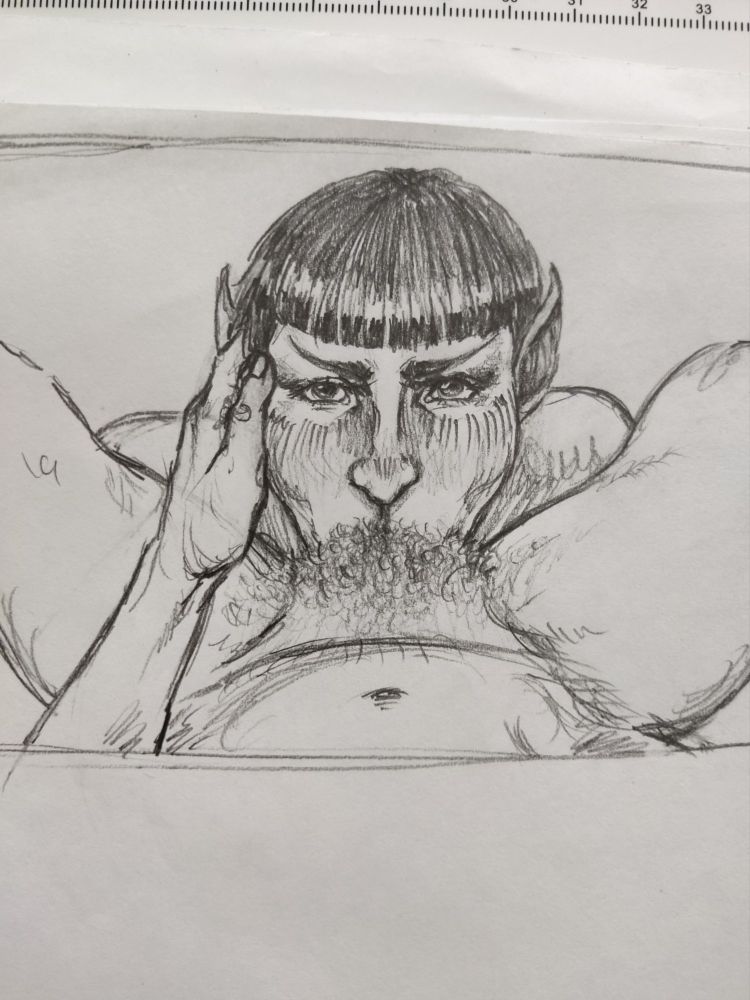 Pencil sketch of Spock performing felatio. His face is blushed and he looks like he's about to cry while he takes it all in his mouth till he's kissing the others' pubic hairs 