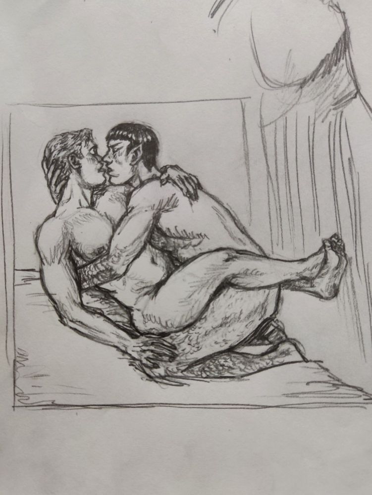 Practice nsfw pencil sketch of Kirk and Spock from Star Trek having sex tenderly on a bed. Spock is bent forward on his knees, with Kirk in his arms and one of his hands holding Kirk's head while he penetrates him. Kirk has one arm holding onto Spock's back and the other on one of Spock's knees. Both their faces are closing in for a kiss