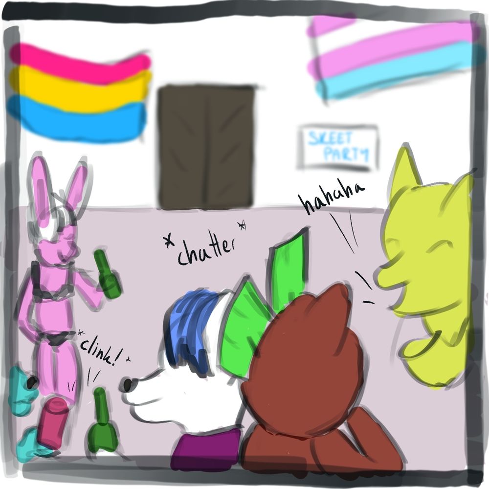 A group of colorful furry characters partying, pride flags are hanging in the background. Bottles clinking, chatter and laughter can be heard. The sign next to the door says "skeet party"