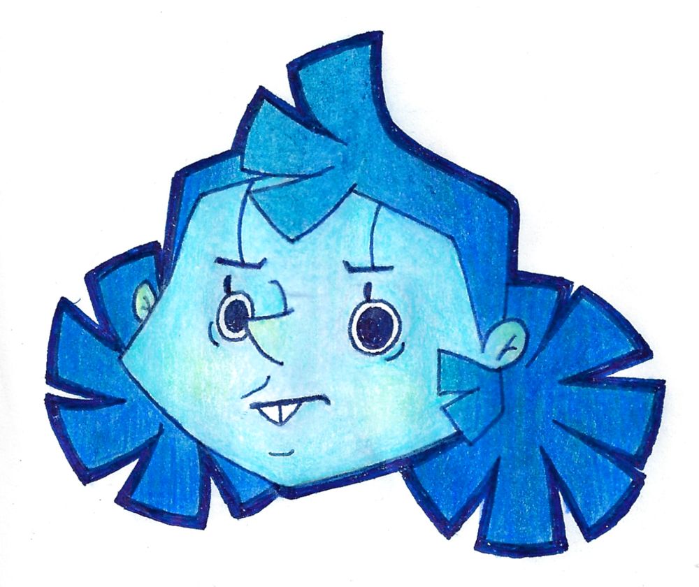A colored pencil sketch of a female Short Change cog from the game Toontown. She is a blue robot with a big tuft of hair on her forehead, and the back of her hair is pulled back into two puffs. She has round eyes, buck teeth, and wears an annoyed expression.