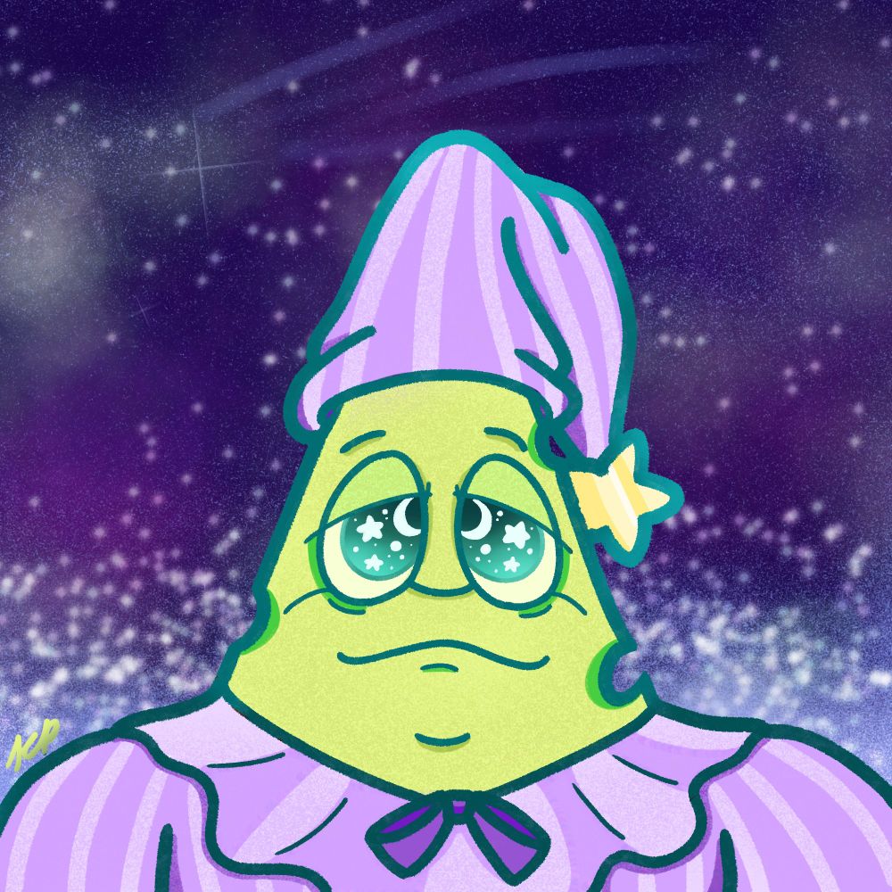 A simple illustration of a Big Cheese cog from the game Toontown dressed in frilly, lavender pajamas and a matching nightcap. His nightcap has a star attached to it. There are stars and moons reflected in his eyes.