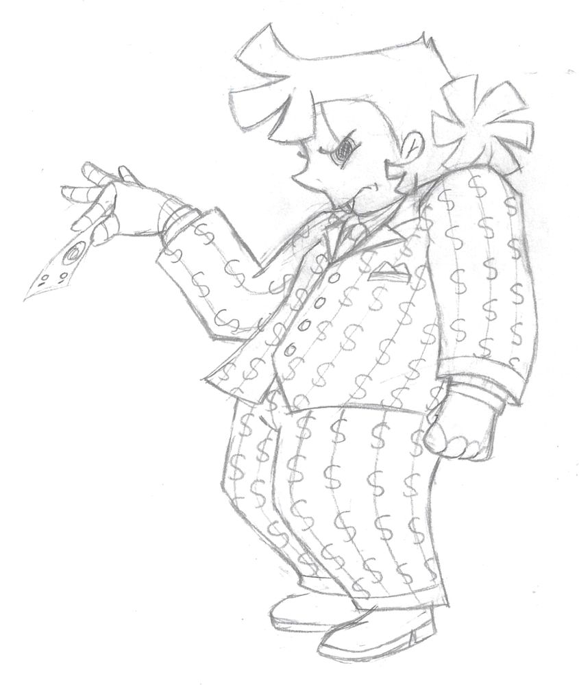 An uncolored sketch of a Short Change cog angrily holding a ten-dollar bill.