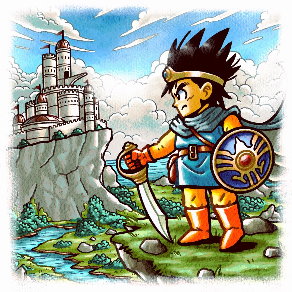 illustration of the protagonist of dragon quest 3 standing on the edge of a cliff staring off into the distance at a castle. done in the style of akira tortiyama’s original dragon quest 3 art, but referencing the pose and environment of naoki ikushima’s hd-2d key art