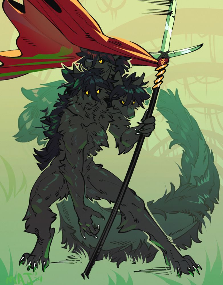 An anthro hydra wields a naginata with a large red banner attached. One head is looking at the viewer, the other two are keeping lookout.