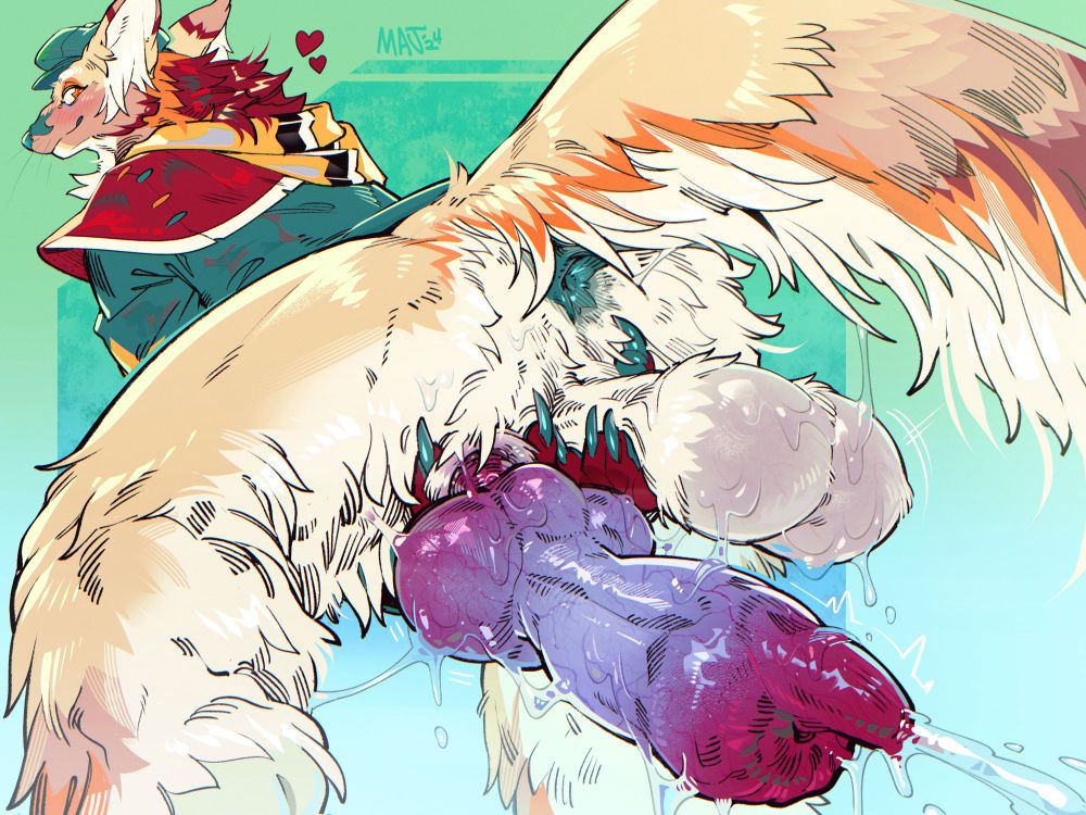 My fox fursona Sendow (pronounced send-oh) is bent over with his tail hiked, showing hole with an exaggerated perspective, his chonmky legs taking up the screen. He's using his hands to bend his knotted dick backwards by the sheath and hold up his big ol nuts. Everything is soaked in precum. He smiles with little hearts floating nearby :)