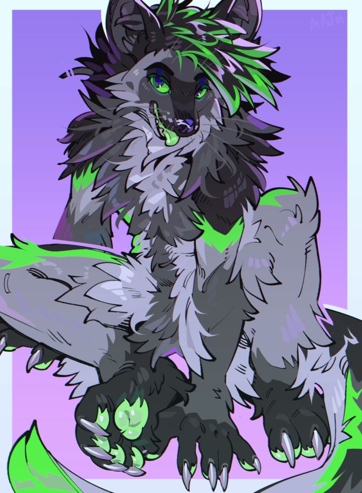 A black, grey, and green anthro dog sits on the ground and looks at the viewer, panting with his green tongue out.