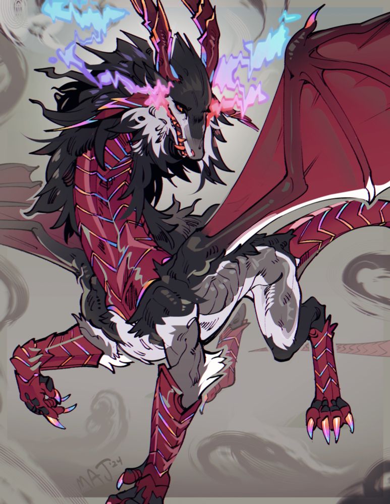 A sultry, lanky dragon lady with red plating and chromatic bioluminescence stands and looks at the camera, her breath glitching and shining multiple colors.