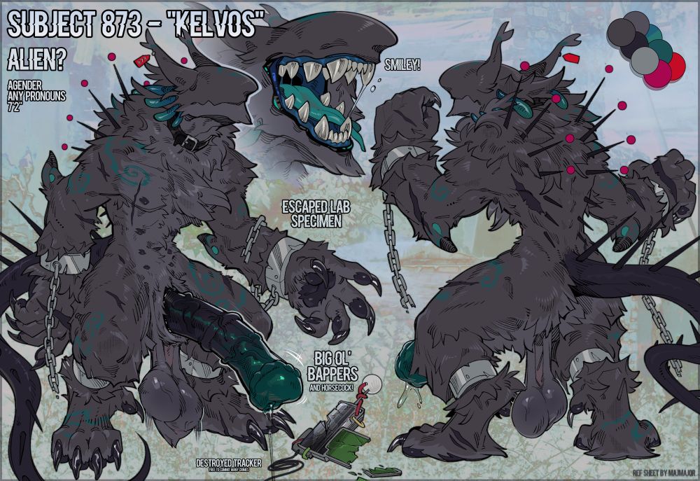 The same reference sheet, but NSFW. Kelvos has a long dark emerald horse cock and saggy balls.