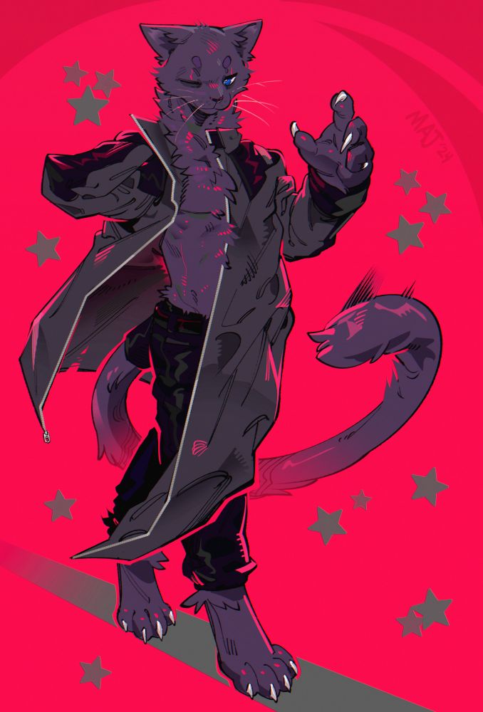 An anthro purple cat with one arm struts, surrounded by a max-saturation cherry red, with greys as an accent. His large trenchcoat accentuates his movement while he flashes his claws.
