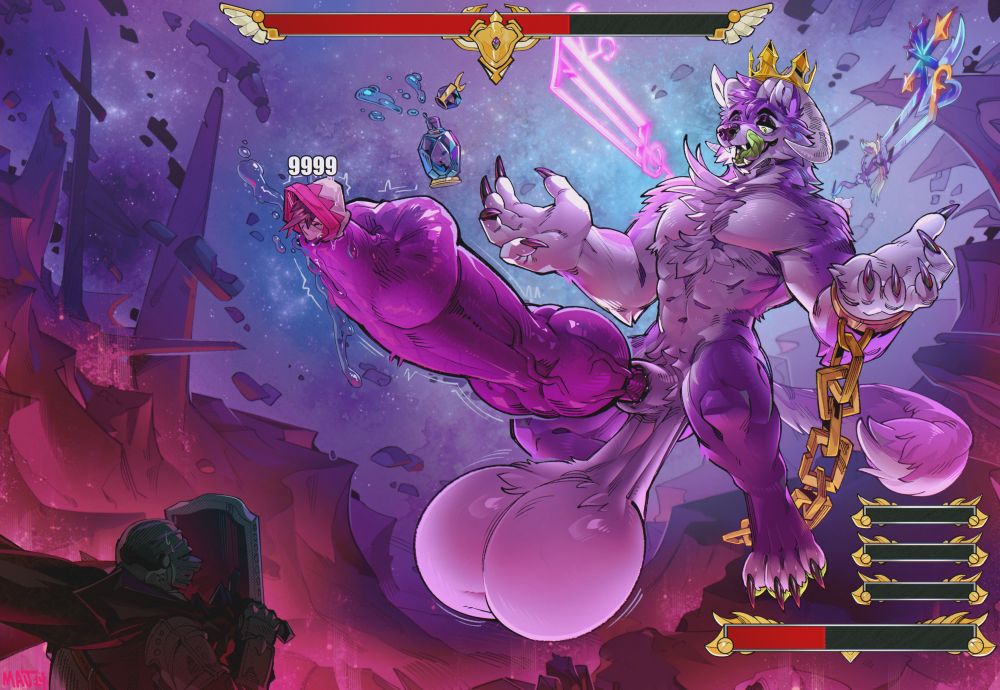 Scene commission showing Jeyhusky's purple dog OC as a gigantic boss monster floating in space. There are HUD elements and a party member in the corner of the screen-- it's a JRPG! 
Jey gives a "what's next?" kind of smug look with his arms spread while a freshly-imbibed strength potion floats away from him. He's wearing a gold crown and has two elaborate keyblades floating behind him. 
He's massively hyper-endowed and his genitalia take up most of the screen- stuck in his leaky dick is the party's healer, taking 9999 damage instantly. ough