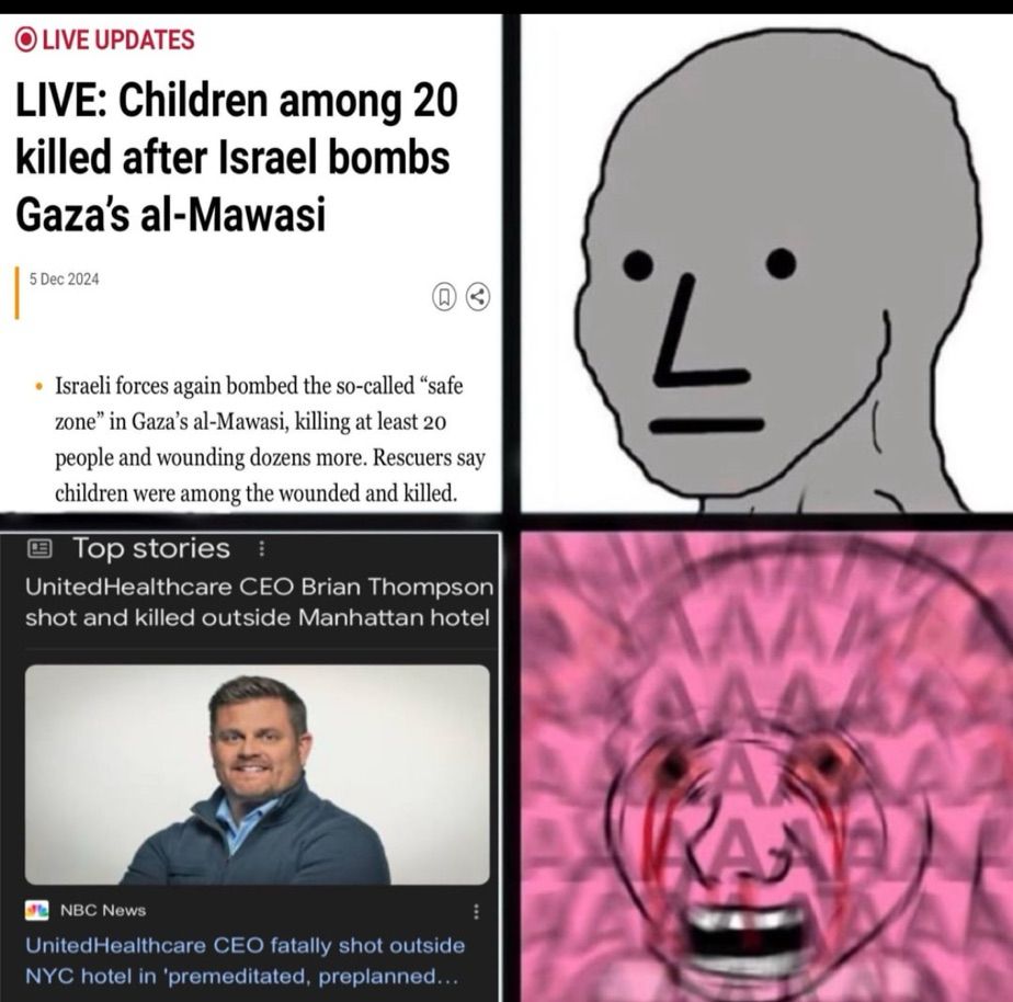 A meme showing a wojack face unloaded by the death of 20 children in Palestine, but outraged at the death of a single rich man in America.