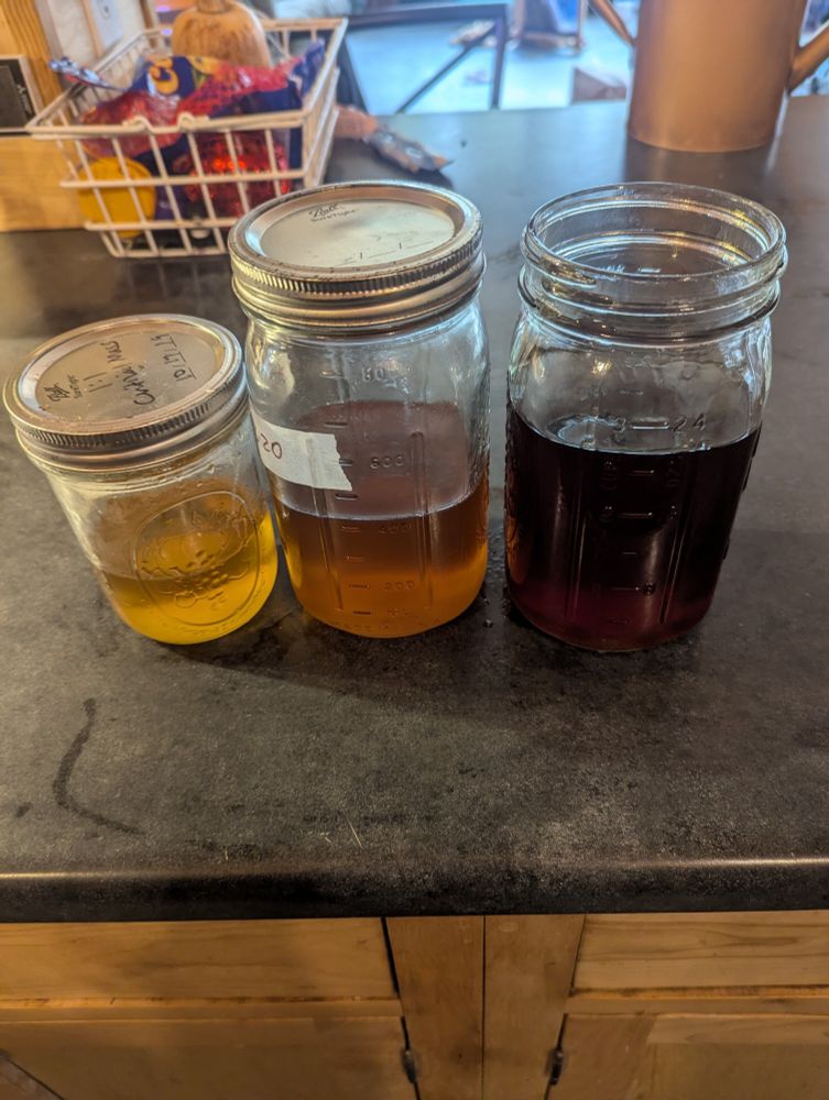 Three weeks worth of Maple boiling.  Three jars on my counter. From left to right: lightest to darkest.