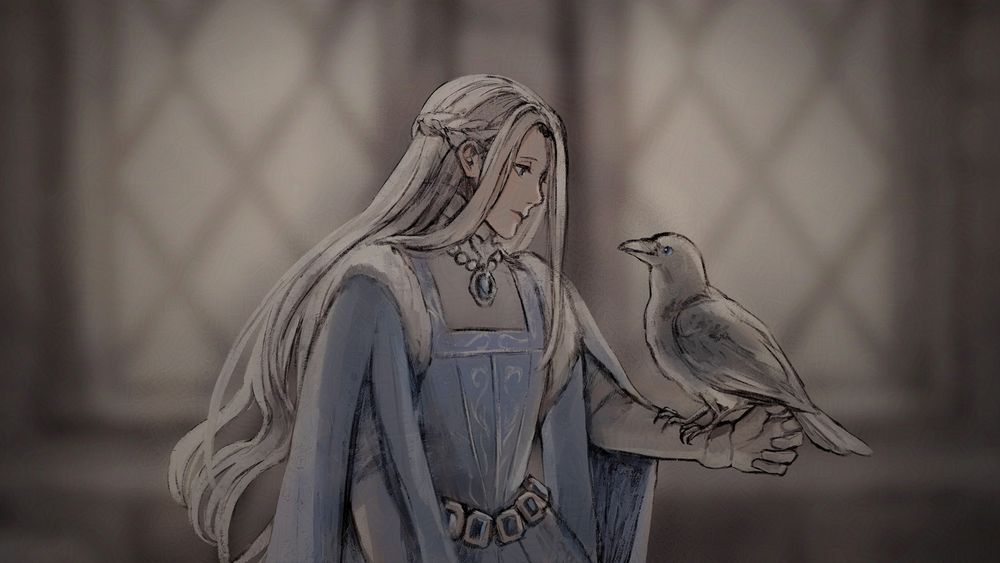 Screenshot of the white haired girl looking at a white crow perched on her arm.