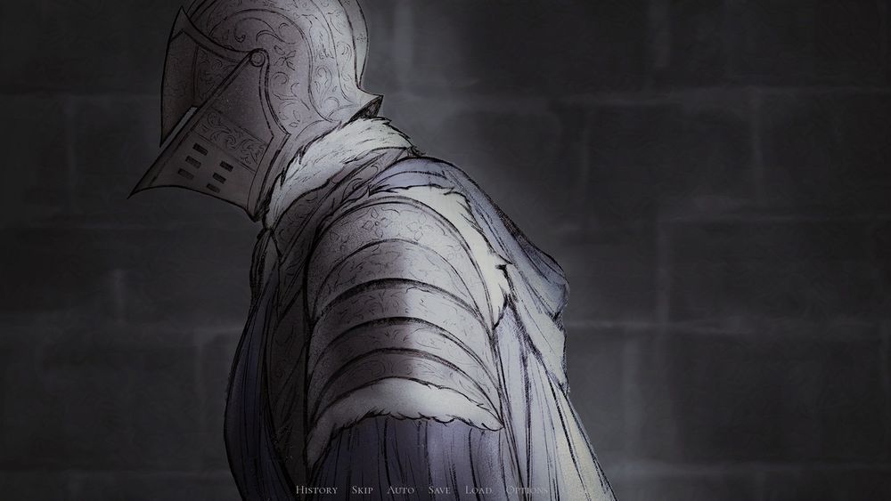 A screenshot of a knight in front of a stone wall, viewed from the side. Their helm is bent forward.