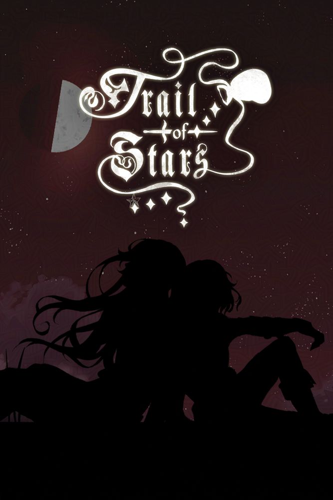 Cover for 'Trail of Stars'. A silhouette of two figures sitting on the grass behind a red background of the night sky with a half moon.
