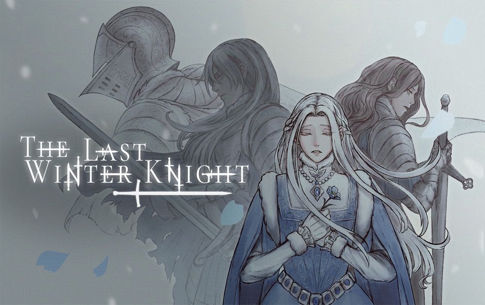 Cover art for The Last Winter Knight, featuring three knights in the background and a white haired girl in a blue dress clutching a flower in the foreground.