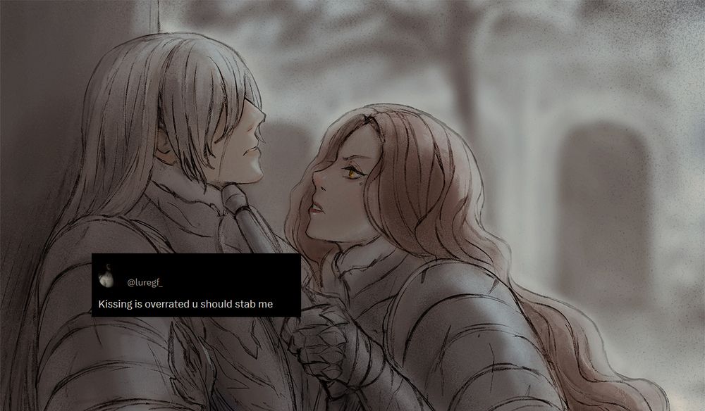 Screenshot of a tweet that says "Kissing is overrated u should stab me" over a screenshot from The Last Winter Knight of a female knight angrily lifting the chin of another knight with the pommel of her sword. 