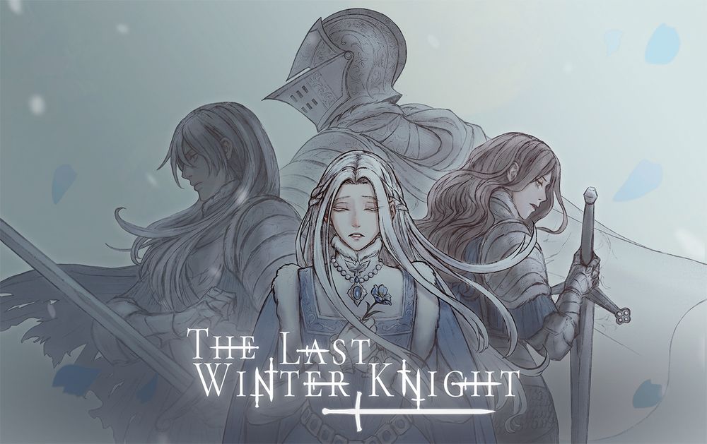 Cover art for The Last Winter Knight. A girl with white hair clutching a flax flower is at the foreground. Behind her are two figures armed with swords standing back to back. At the very back is a helmeted knight. 