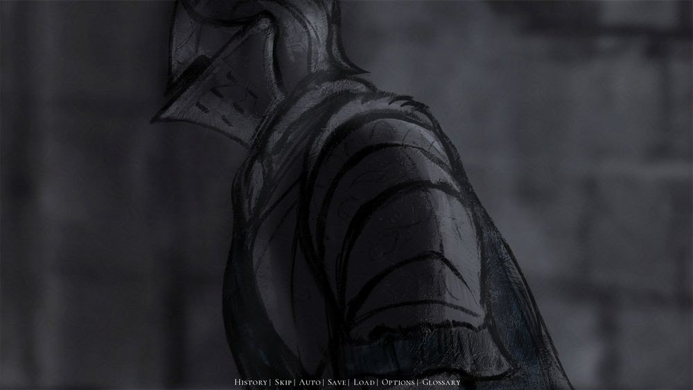 Old screenshot from The Last Winter Knight, of a knight viewed from a side, in front of a stone wall with their helm bent forward.