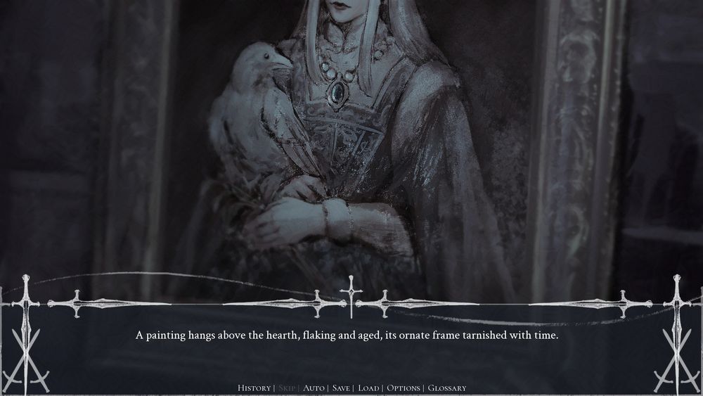 A screenshot of a painting in a frame that depicts a woman with a bird perched on her arm. Her face is cropped out of view. The text reads: "A painting hangs above the hearth, flaking and aged, its ornate frame tarnished with time."