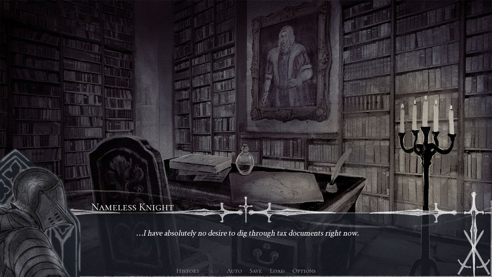 A screenshot of a library with shelves, a painting on the wall, a desk and a candelabra. The Nameless Knight's sprite is on the side of the screen and the text box reads: "...I have absolutely no desire to dig through tax documents right now."