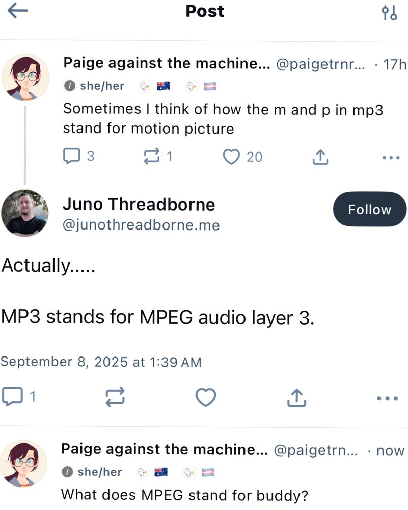 Post
6
Paige against the machine... @paigetrnr... • 17h
• she/her
Sometimes I think of how the m and p in mp3 stand for motion picture
3
11
© 20
①
Juno Threadborne @junothreadborne.me
Follow
Actually.....
MP3 stands for MPEG audio layer 3.
September 8, 2025 at 1:39 AM
...
Paige against the machine... @paigetrn... • now
• she/her
What does MPEG stand for buddy?