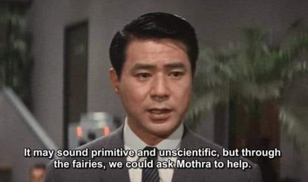 A moment from the film MOTHRA where a character says, "It may sounds primitive and unscientific, but through the help of the fairies, we could ask Mothra for help." 
