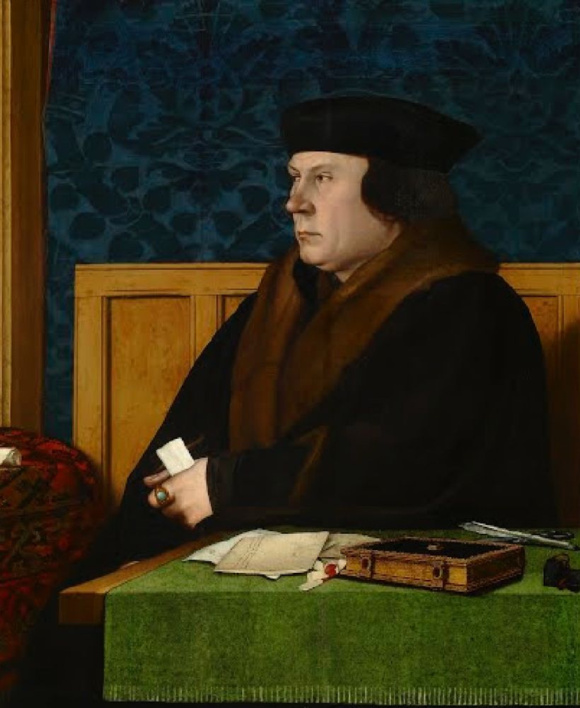 Hans Holbein the Younger’s Portrait of Thomas Cromwell. Cromwell sits at a desk wearing a frankly unflattering hat, but his cloak looks like pretty luxe black velvet and fur trim. He holds a piece of paper in his hand containing all the winning bets for the next jousting tournament. 