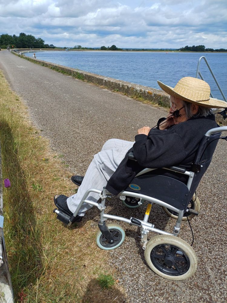 My mum, an old lady in a wheelchair, wearing a sunhat, contemplating the Pyramidal Orchid with the reservoir in the background.