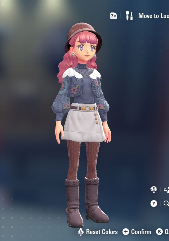 My character in Pokémon Legends: Z-A.

she has violet eyes and pink wavy long hair. wearing: small green flower earrings, bucket hat in red, flowery blue cardigan and blouse, white wrap skirt, maroon knit tights, and brown boots.