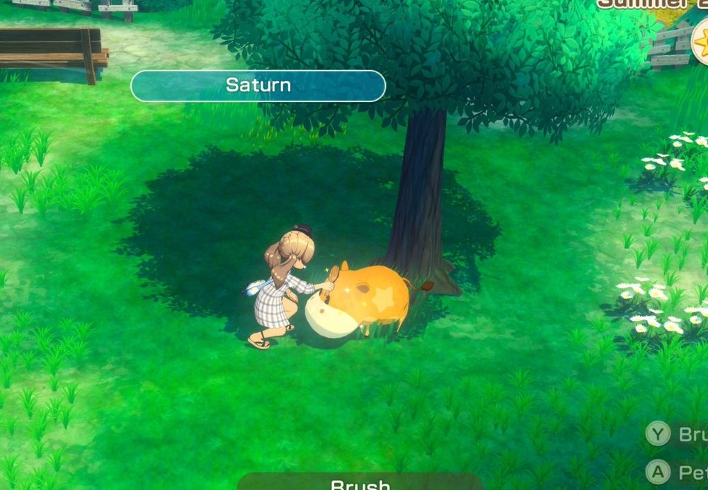 my character outside petting the baby yellow star cow named Saturn in a grass field by a tree.
