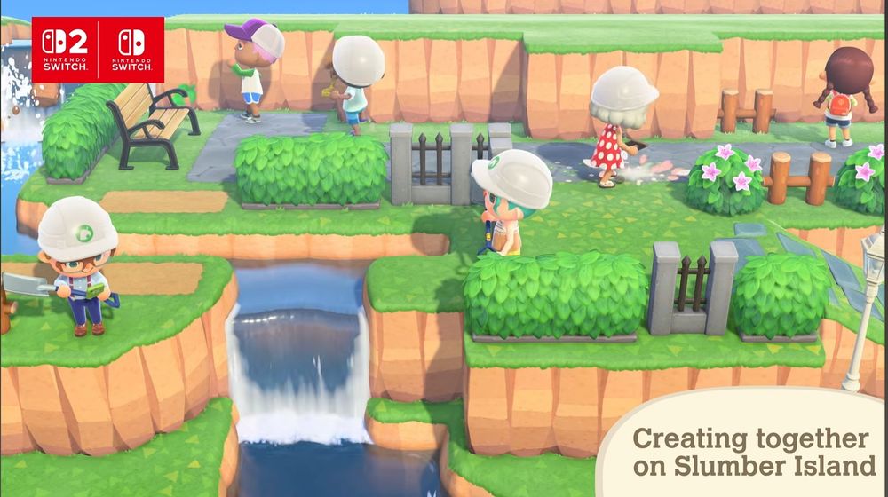 Animal Crossing: New Horizons Switch 2 update showing multiple people terraforming a Slumber Island together.

There's two waterfalls, cliffs, hedges, bushes, fencing, and a bench with 6 different player characters doing various things such as making cliffs, making rivers, making paths and placing furniture.